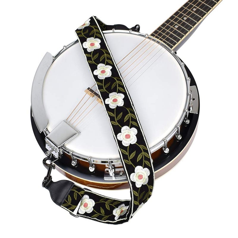 CLOUDMUSIC Banjo Strap Guitar Strap For Handbag Purse Jacquard Woven With Leather Ends And Metal Clips(White Flowers) - Image 2